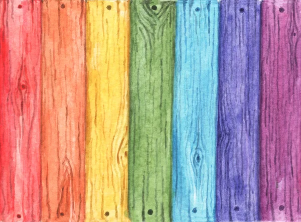 古い木の背景に描かれた虹色 7色の木の板 オレンジ 水彩画 — ストック写真