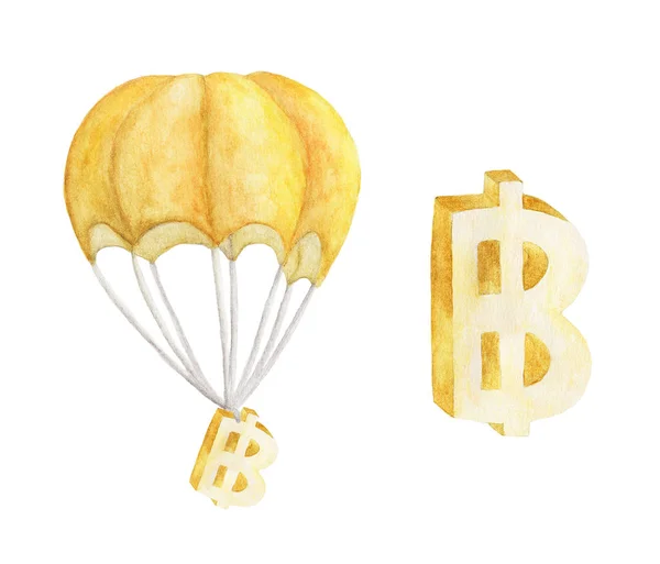 白い背景に隔離された黄金のバーツと熱気球 ゴールデン バットはパラシュートで飛んでいる 水彩画 — ストック写真