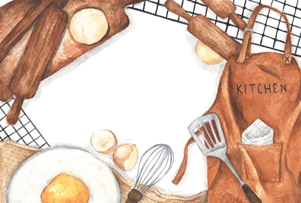 Cozinhar fundo com utensílios de cozinha, farinha, ovos e avental marrom. Deitado. Conceito de cozedura. Ilustração aquarela . — Fotografia de Stock