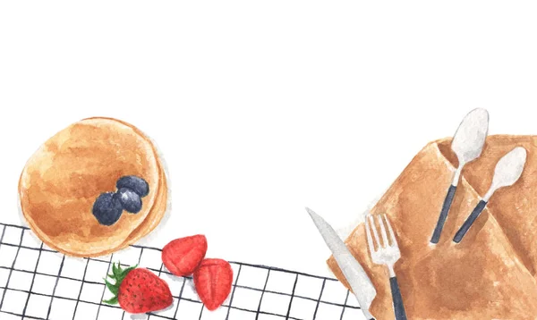 Desserts Hintergrund mit Pfannkuchen und frischen Erdbeeren. Ansicht von oben mit Kopierraum für Ihren Text. — Stockfoto