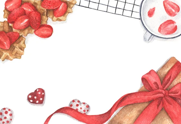 Jordgubbsdesserter med presentask och chokladhjärta. Ett platt ligg. Akvarell illustration. — Stockfoto