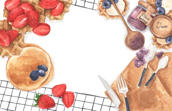 Sobremesas de morango e mirtilo com waffles, compota de mirtilo em jarra e panquecas. Deitado. Ilustração aquarela . — Fotografia de Stock