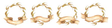 Set ofAutumn Wreath with ribbon. Fall leaves. Perfect for wedding invitations, greeting cards, blogs, prints and more. Hand drawn watercolor illustration.