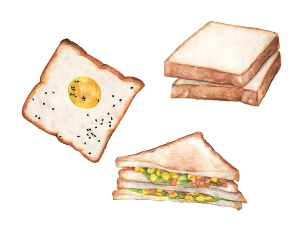 Aquarelbroodje Verschillende Soorten Brood Geïsoleerde Bio Voedsel Illustratie Witte Achtergrond — Stockfoto
