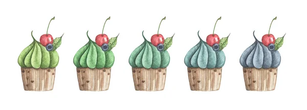 Akvarell Sütemény Cseresznyével Áfonyával Kézzel Rajzolt Finom Élelmiszer Illusztráció Elszigetelt — Stock Fotó