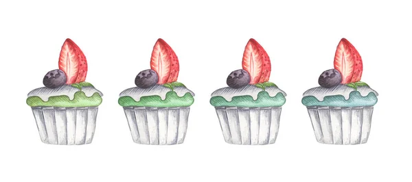 Aquarell Cupcake Mit Erdbeere Und Blaubeere Handgezeichnete Köstliche Essensillustration Isoliert — Stockfoto
