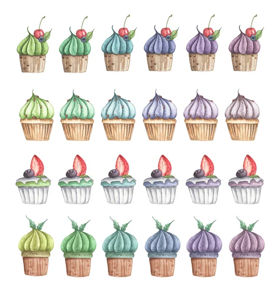 Set Diversi Cupcake Isolati Sfondo Bianco Illustrazione Acquerello — Foto Stock