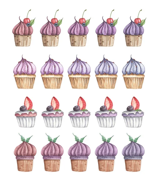 Set Different Blueberry Cupcakes Isolated White Background Watercolor Illustration — Stockfoto