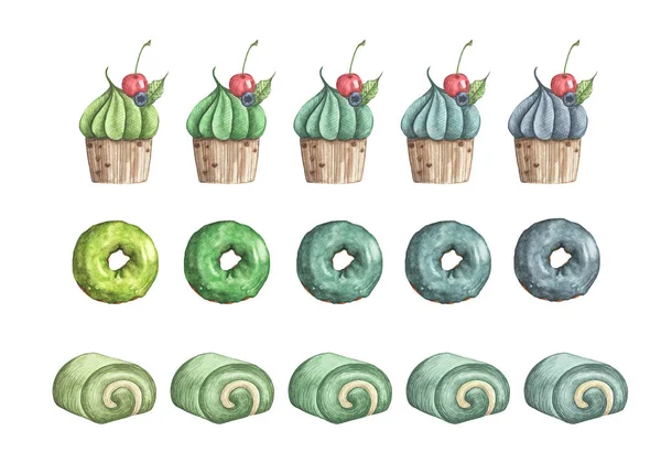 Set Von Matcha Desserts Donut Rollkuchen Und Cupcake Isoliert Auf — Stockfoto