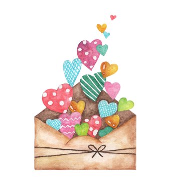 Opened envelope and many cute hearts, Love Letter Hearts Romance. watercolor illustration isolated on white background.