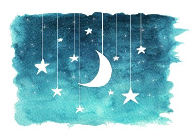 The moon and stars hanging from strings painted in watercolor on white isolated background, night sky background. clipart