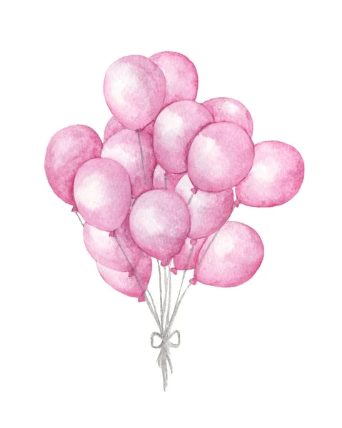Watercolor air balloons. Hand drawn pack of party pink balloons isolated on white background. Greeting object art.
