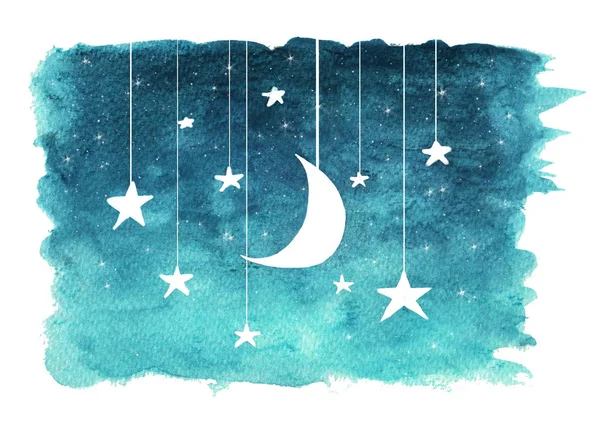 Луна Звезды Висят Струнах Окрашенных Акварель Белом Изолированном Фоне Ночное — стоковое фото