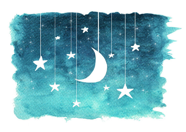 The moon and stars hanging from strings painted in watercolor on white isolated background, night sky background.