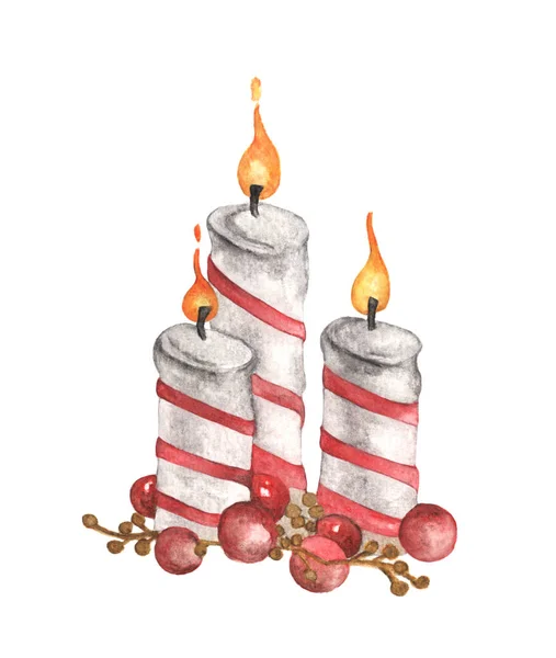 Három Égő Gyertya Piros Golyó Akvarell Stílusban Illusztráció — Stock Fotó