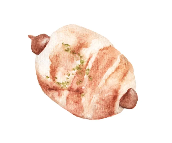 Handgezeichnetes Aquarell Von Wurstsemmel Brot Mit Wurst Wurst Teig Isoliert — Stockfoto