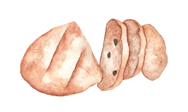 Hand Drawn Watercolor Painting Fresh Tasty Sliced Bread Isolated Organic — Stockfoto