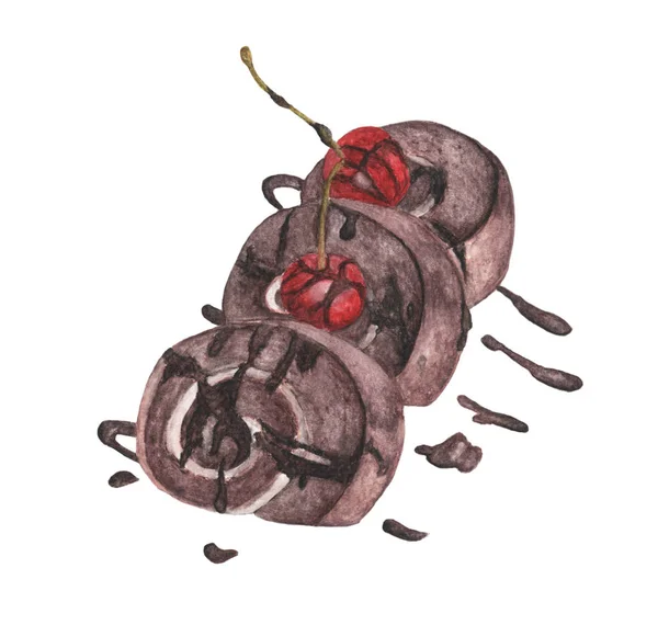 Chocolate Roll Cake Chocolate Topping Fresh Cherry Isolated White Background — 스톡 사진