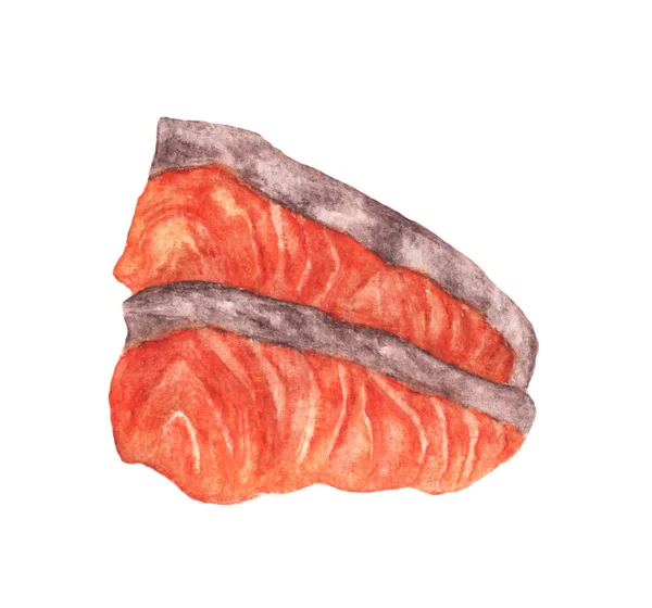 Pedaço Peixe Vermelho Desenhado Mão Aquarela Sashimi Salmão Fresco Ilustração — Fotografia de Stock