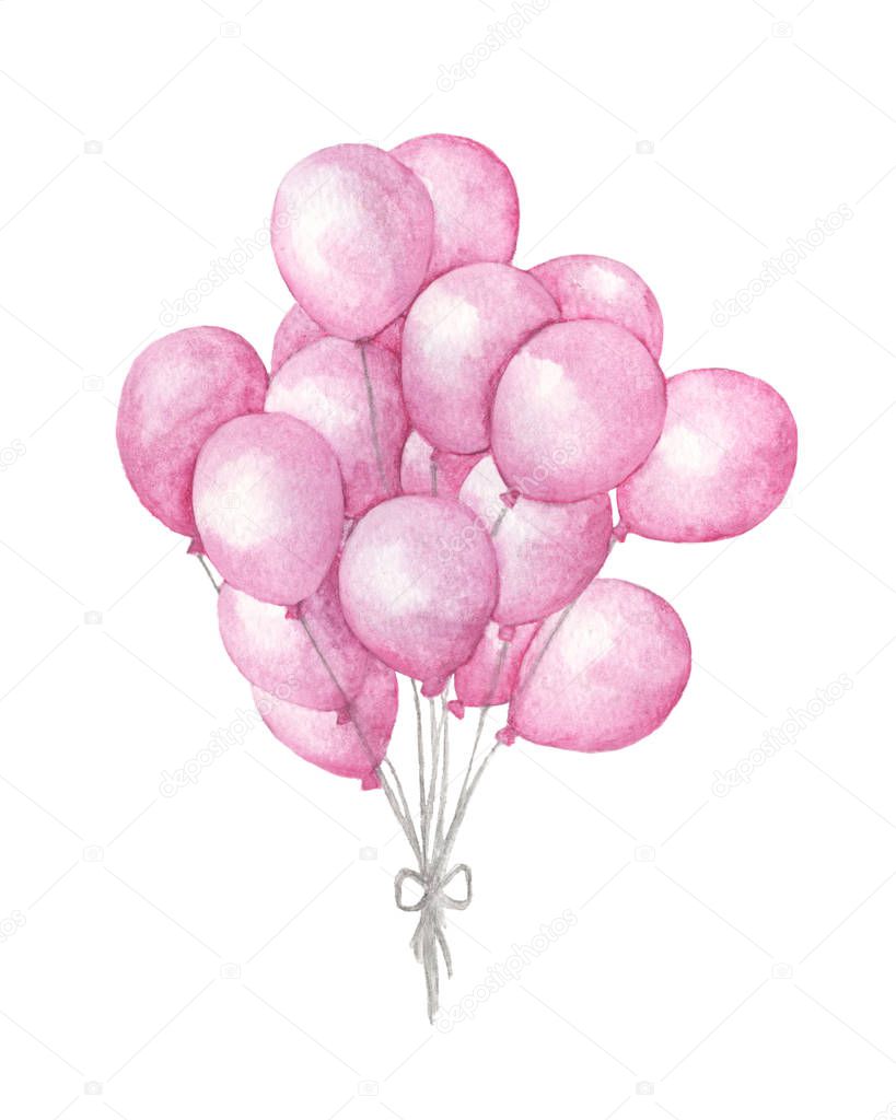 Watercolor air balloons. Hand drawn pack of party pink balloons isolated on white background. Greeting object art.