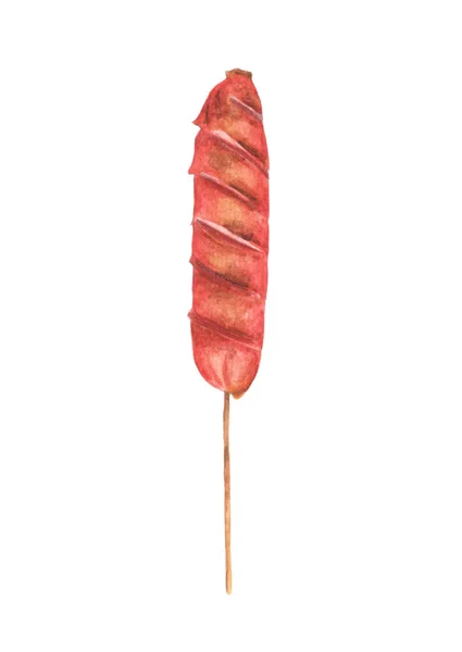 Hot dog na patyku. Ilustracja akwarela. — Zdjęcie stockowe