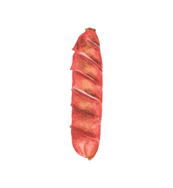 Grilled sausage isolated on white background. Watercolor illustration. — Stok fotoğraf