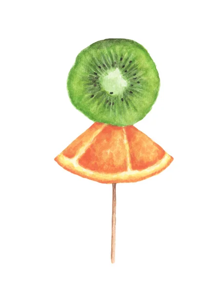 Slices Sinaasappel Kiwi Een Houten Stokje Geïsoleerd Witte Achtergrond Aquarelillustratie — Stockfoto