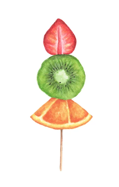 Kawałki Truskawek Kiwi Pomarańczy Drewnianym Patyku Wyizolowanym Białym Tle Ilustracja — Zdjęcie stockowe