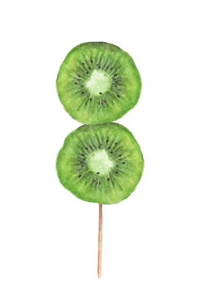 Slices Kiwi Wooden Stick Isolated White Background Watercolor Illustration — Stok fotoğraf