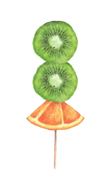 Slices Orange Kiwi Wooden Stick Isolated White Background Watercolor Illustration — Stok fotoğraf