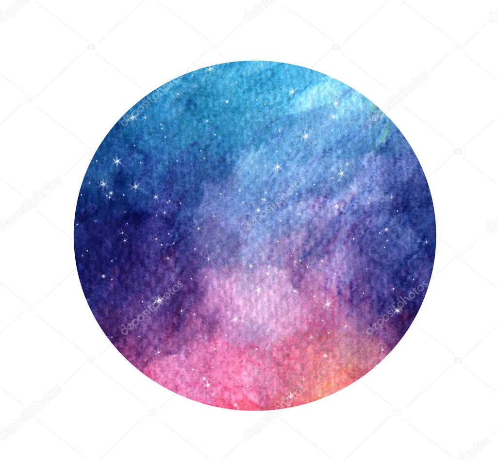 Hand drawn stylized grunge galaxy or night sky with stars. Watercolor space background. Cosmos illustration in circle. Brush and drops.