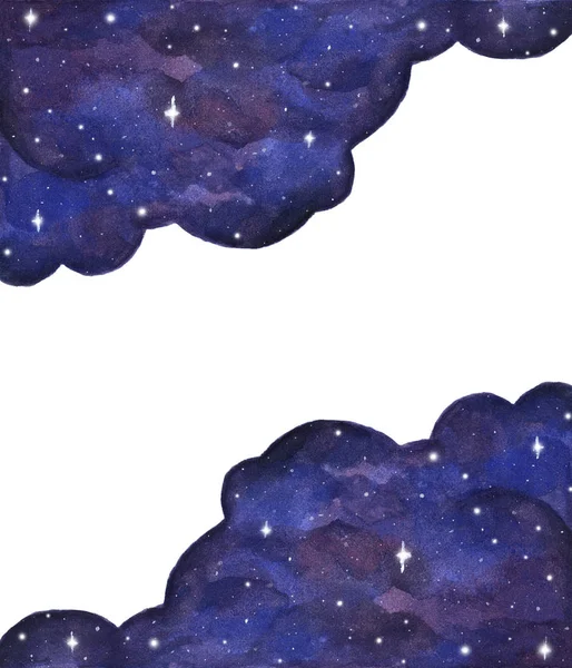 Watercolor night sky background with stars. Cosmic layout with space for text.