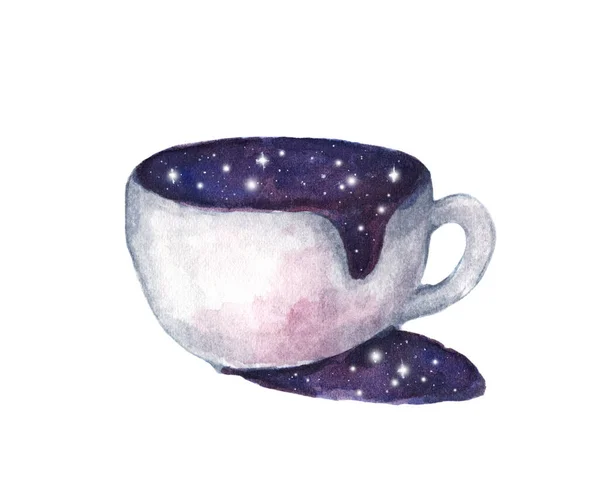 Aquarell Handgezeichnete Illustration Einer Weißen Tasse Mit Kosmischen Raum Isoliert — Stockfoto