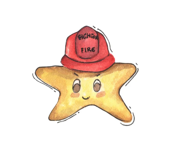 Yellow Star Firefighter Helmet Isolated White Background Hand Drawn Watercolor — Stock Photo, Image