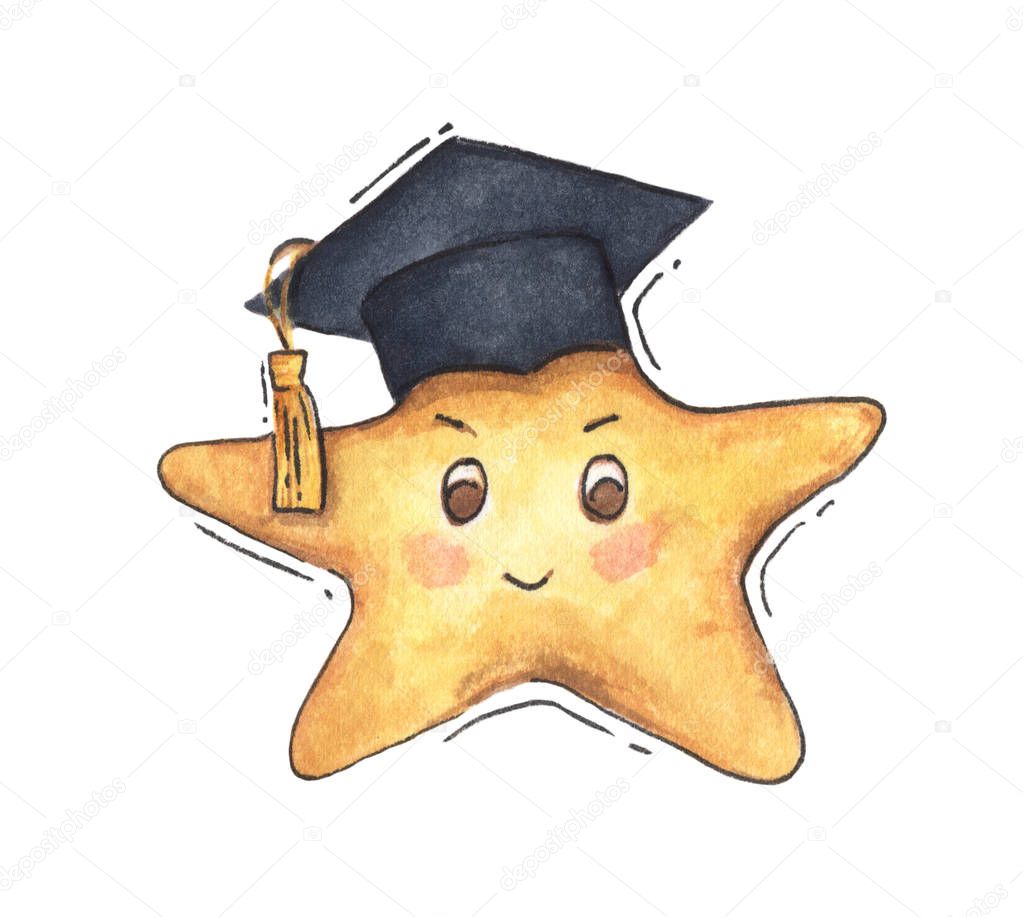 Yellow star in Graduation cap. Isolated on white background. Hand drawn watercolor illustration. Uniform headgear items.
