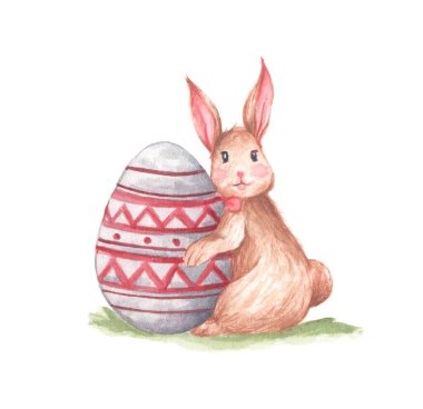 Paskalya yumurtalı şirin tavşan, elinde büyük bir yumurta tutan Paskalya tavşanı. Beyaz arka planda izole edilmiş. Suluboya çizimi.