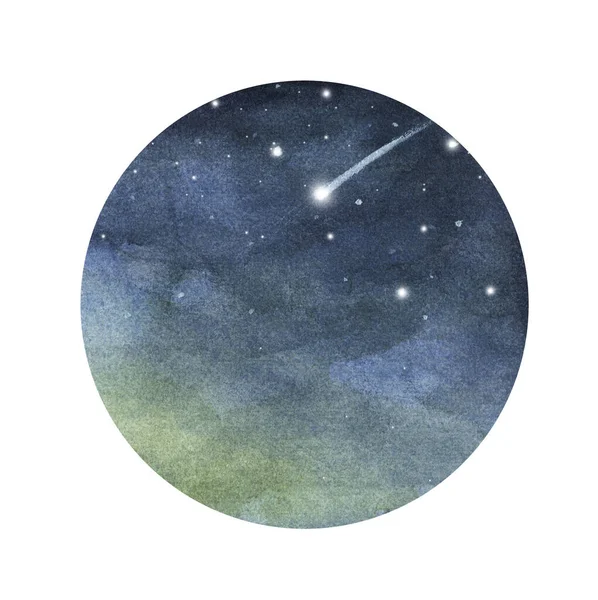Aquarela Céu Noturno Círculo Isolado Fundo Branco Meteorito Queda Cometa — Fotografia de Stock