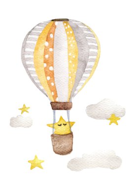 Yıldız ve bulutların havada uçtuğu el yapımı klasik hava balonu, beyaz arka planda izole edilmiş, polka nokta deseni ve retro tasarım. suluboya resimleme.