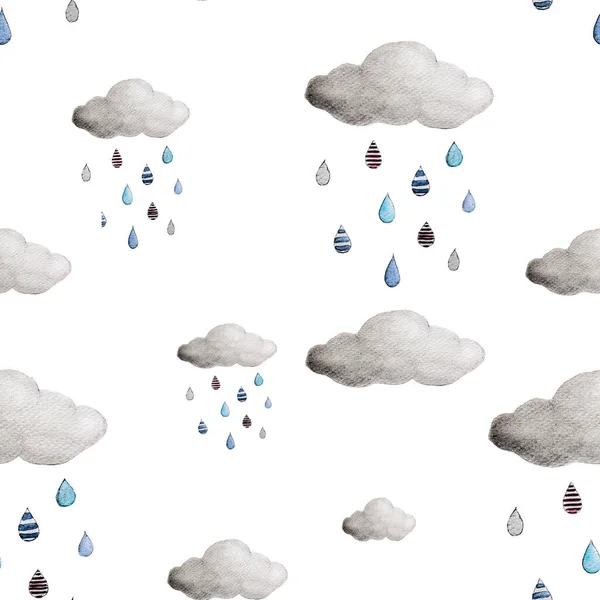 水彩雲と雨はシームレスなパターンをドロップします 手描き壁紙現代的なデザイン — ストック写真
