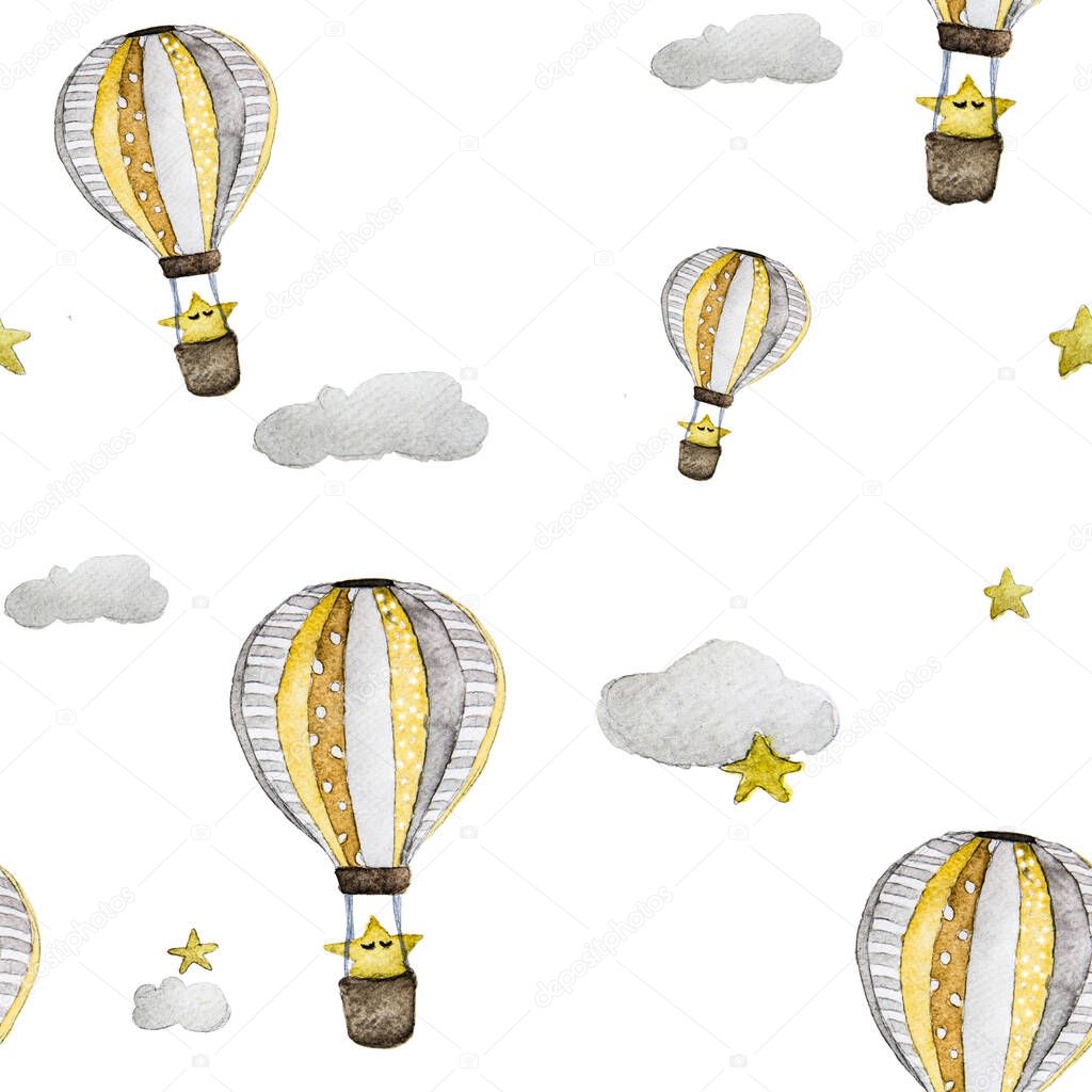 Watercolor seamless pattern air balloon with star and clouds on white background. 