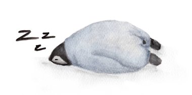 Elle boyanmış suluboya penguen. Tatlı uyuyan hayvan tasarımı - Uyuyan penguen. 