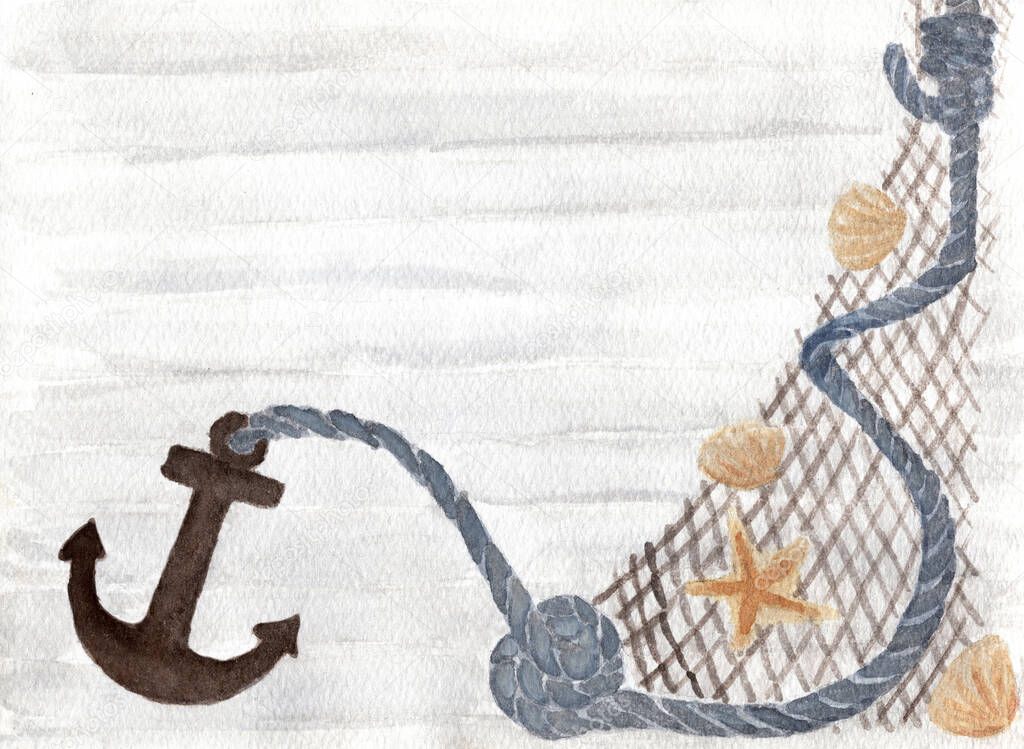 Watercolor texture. anchor rope, shell and starfish caught in the net on white wood background- nautical elements