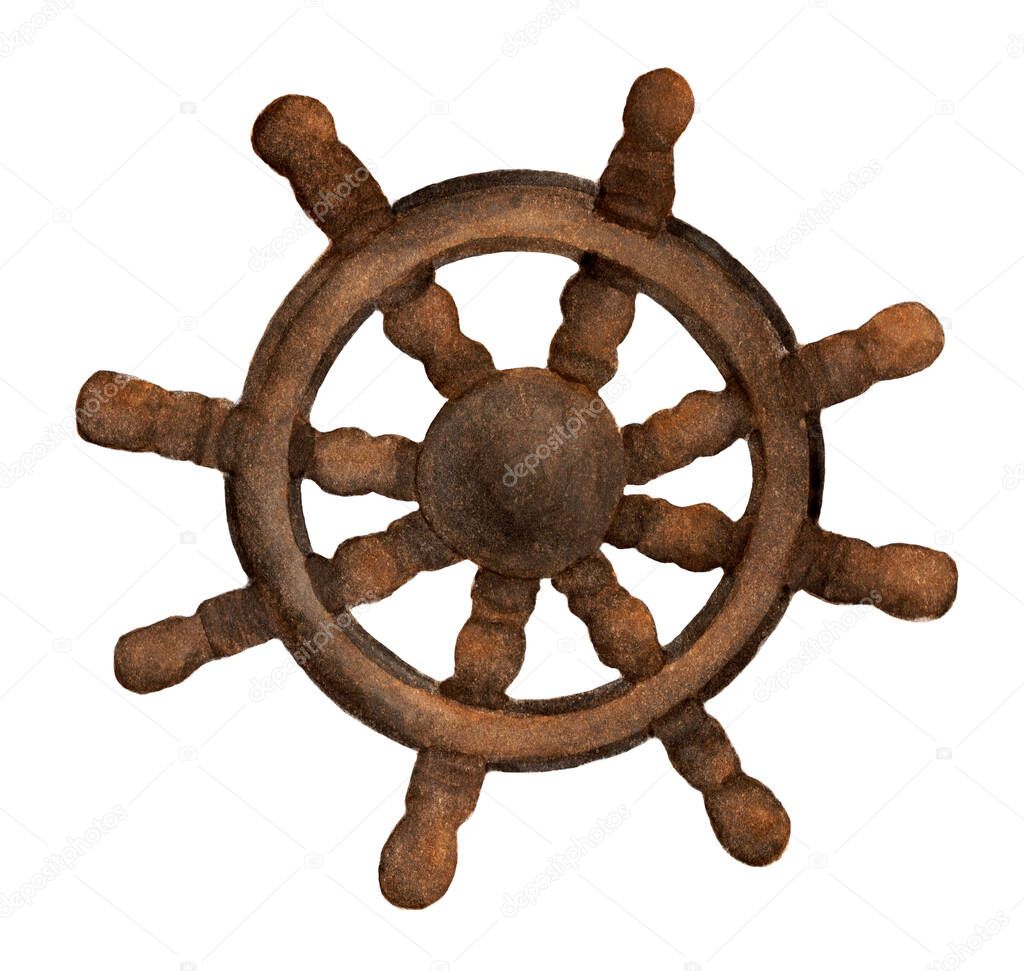 Vintage Wooden Steering wheel for ships and boats. isolated on white background , with clipping path ,watercolor illustration