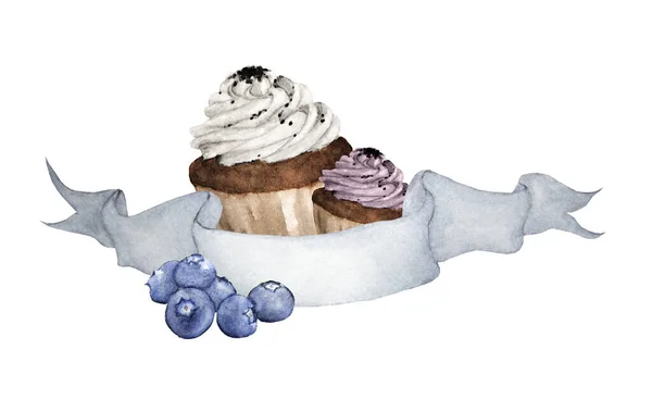 Aquarell Illustration Mit Band Für Text Und Cupcake Cupcake Mit — Stockfoto
