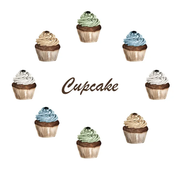 Aquarellmalerei Von Bunten Cupcakes Runden Rahmen — Stockfoto