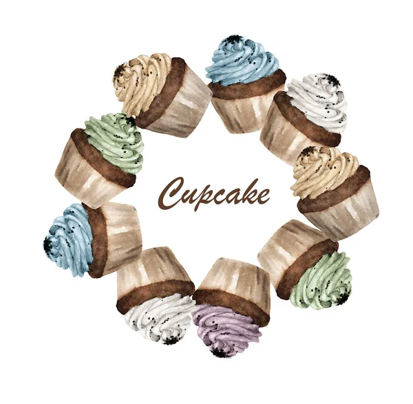 Aquarellmalerei Von Bunten Cupcakes Runden Rahmen — Stockfoto