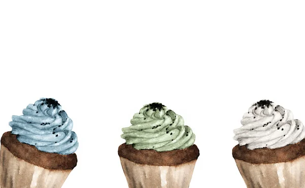 Cupcakes Coloridos Com Lugar Para Aquarela Pintada Mão Texto — Fotografia de Stock
