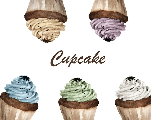 Bunte Cupcakes Mit Platz Für Text Handgemaltes Aquarell — Stockfoto