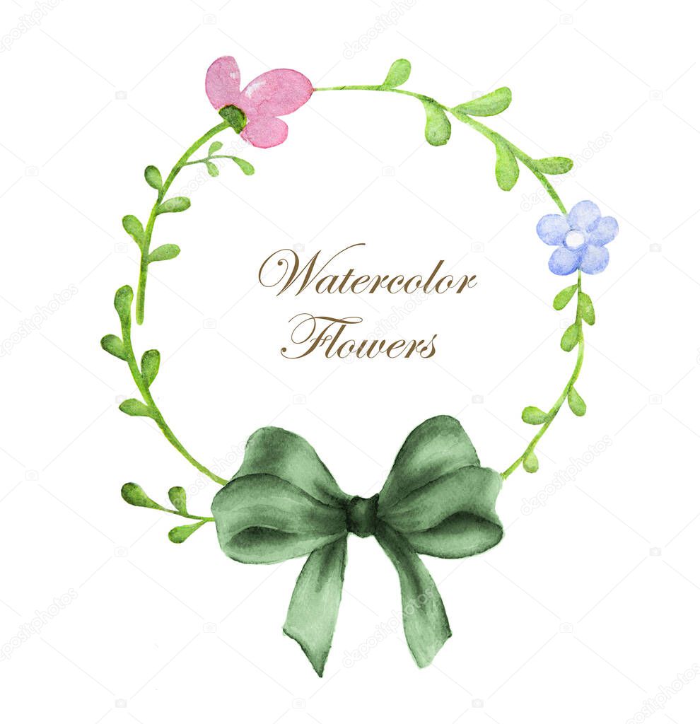wreath of flowers and green bow in watercolor style with white background.