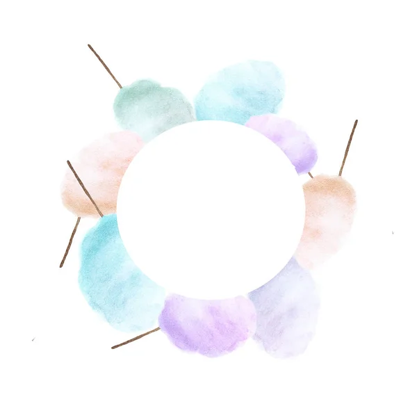 Handgetekend Zoet Cirkel Frame Met Kleurrijke Katoenen Snoepjes Aquarel Schilderen — Stockfoto